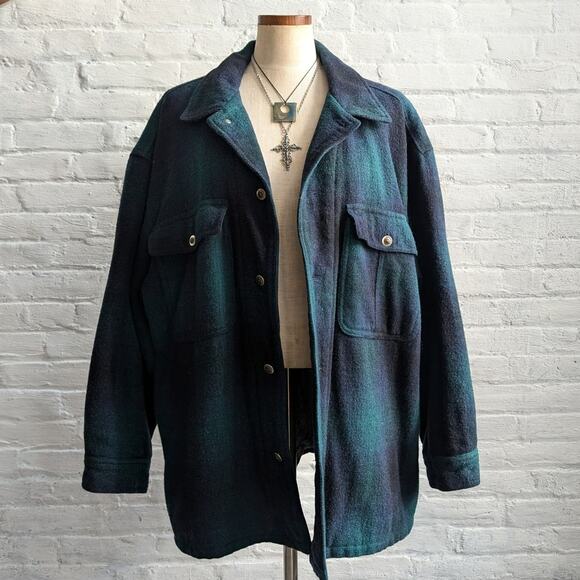 90s Vintage Green Plaid Wool Coat Utility Chore Jacket Oversize Flannel Large - Picture 1 of 9